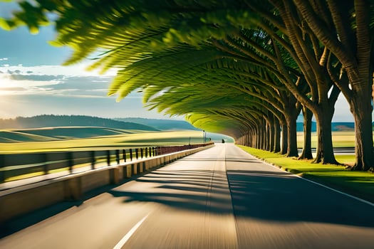 a long road with trees lining the road. AI-Generated photo