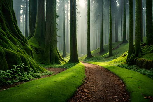 a path through a green forest with mossy trees. AI-Generated photo