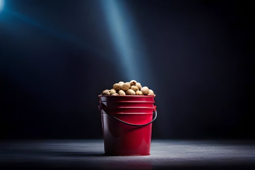 a bucket filled with peanuts on a dark background. AI-Generated photo