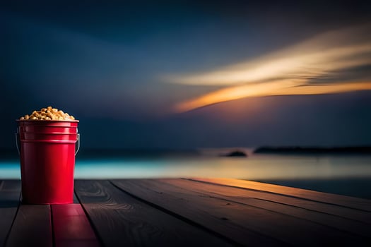a bucket of popcorn on a wooden deck overlooking the ocean. AI-Generated photo