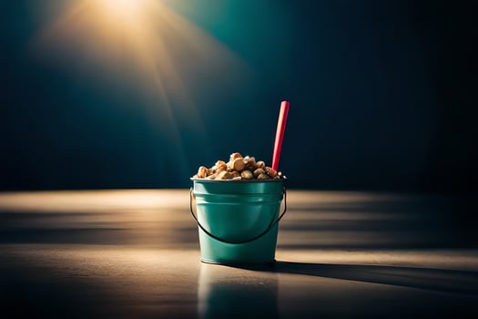 a bucket of popcorn with a red straw sitting on a table. AI-Generated photo