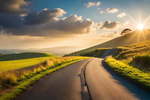 a road in the countryside with the sun shining. AI-Generated photo