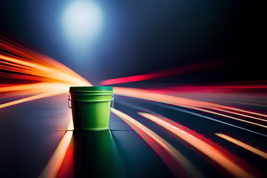 a green bucket on the road with a bright light. AI-Generated photo