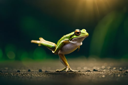 a frog is standing on its hind legs on a dark road. AI-Generated photo