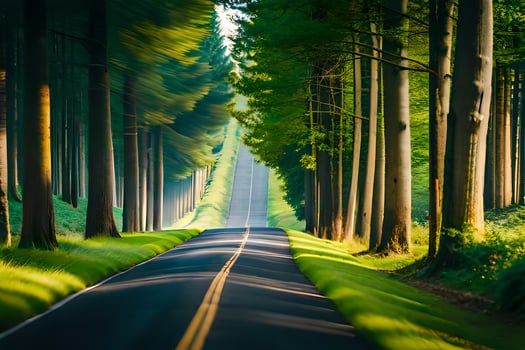 a long road through the woods with trees on both sides. AI-Generated photo