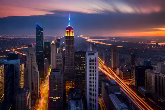 the empire state building is lit up at sunset. AI-Generated photo