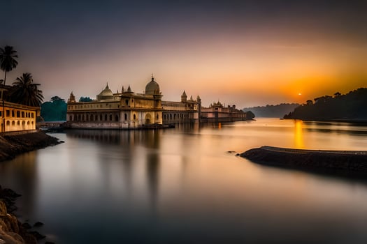 the sun sets over the water in front of a palace. AI-Generated photo