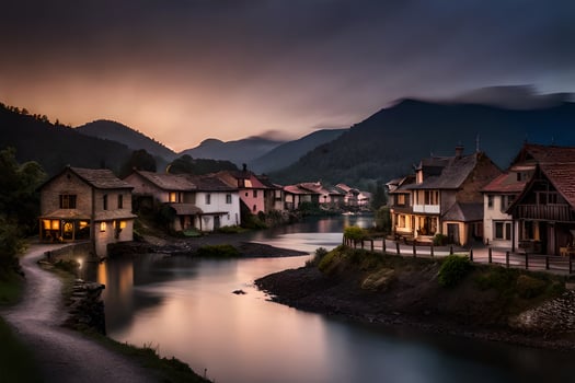 photo wallpaper the sky, river, mountains, houses, the dark, the river, the mountains. AI-Generated