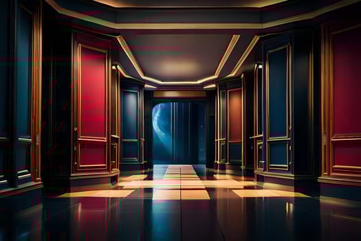 a hallway with red and blue doors and a light. AI-Generated photo