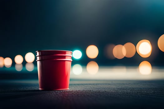 a red plastic cup sitting on the ground at night. AI-Generated photo