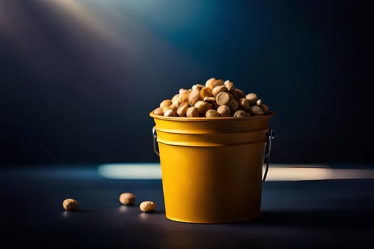 a bucket full of peanuts on a dark table. AI-Generated photo