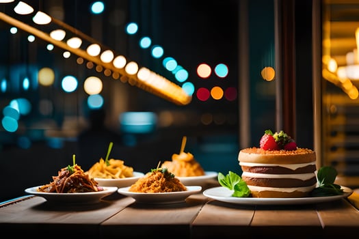 a table with a cake, a strawberry and a plate of food. AI-Generated photo