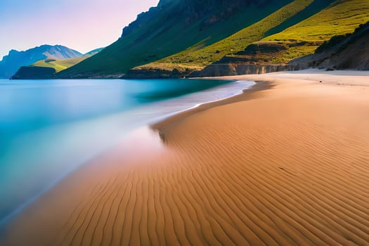 a beach with sand and mountains in the background. AI-Generated photo
