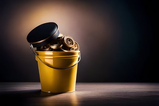 a yellow bucket filled with coins on a dark background. AI-Generated photo