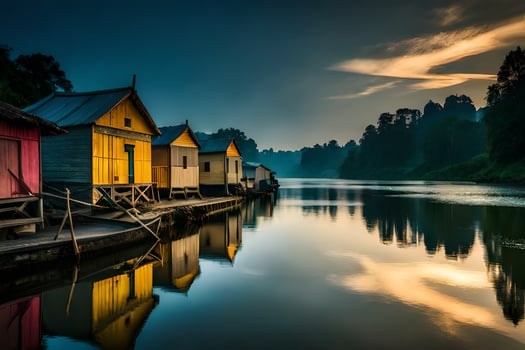 a river with houses on the shore. AI-Generated photo