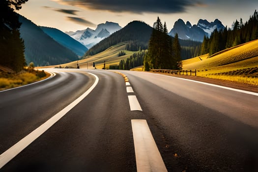 a long empty road with mountains in the background. AI-Generated photo