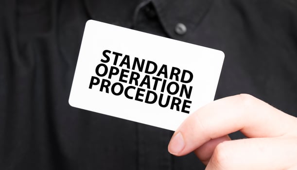 Businessman holding a card with text STANDARD OPERATION PROCEDURE, business concept photo