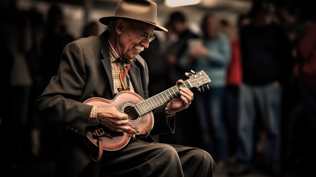 musician plays guitar on the street among a crowd of people photo