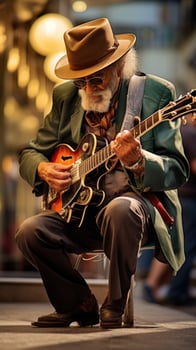 musician plays guitar on the street among a crowd of people photo