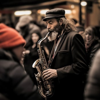 musician plays the saxophone on the street among a crowd of people photo