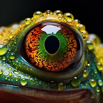 a close up of a frog's eye with water droplets, AI Generative photo