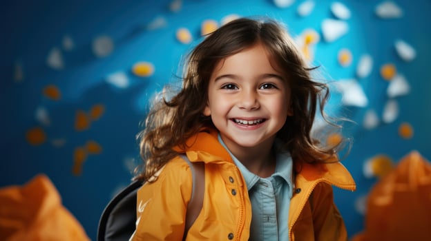 Back to School. Happy Young Girl on a Blue photo