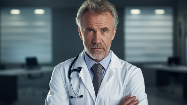 a confident mature doctor in a white coat photo