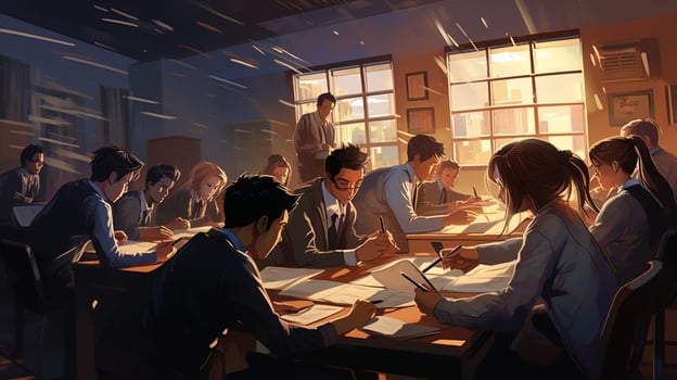 a group of students studying in a classroom focused photo