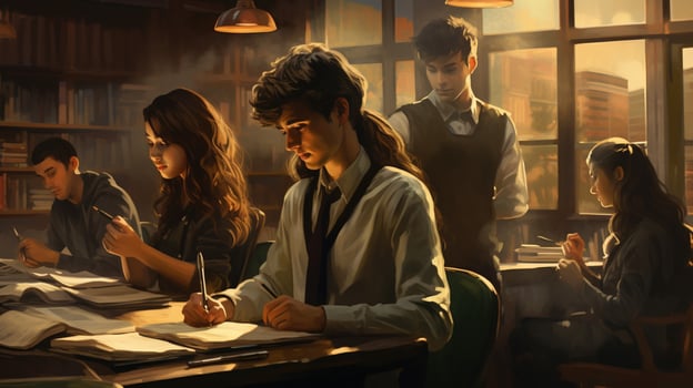 a group of students studying in a classroom focused photo