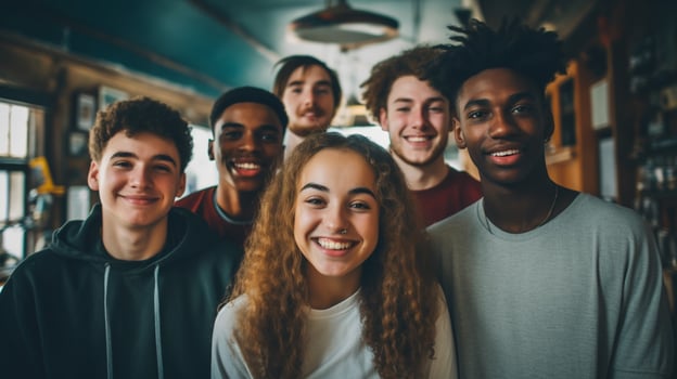 a group of young adults indoors smiling looking at camera photo