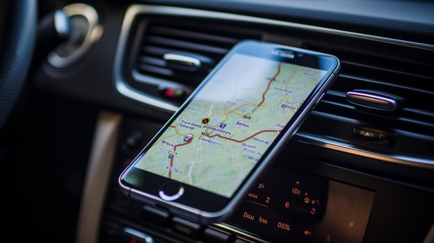 a phone in a car with a map on the screen photo