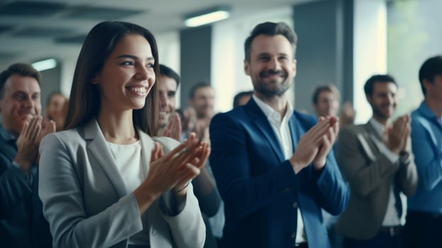 a successful business team presenting smiling and applaud photo