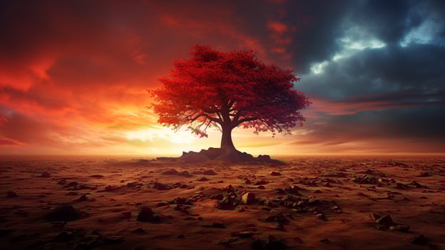 a tree in a field with a red sky and the sun behind it photo