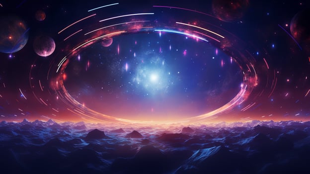 abstract spaceship orbiting starry galaxy backdrop circle photo