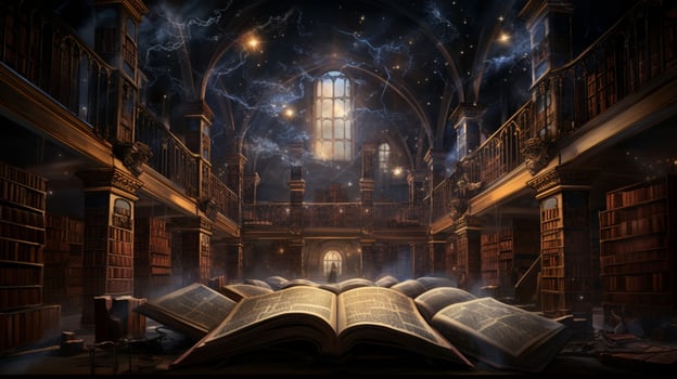 ancient bible illuminates dark library with wisdom photo