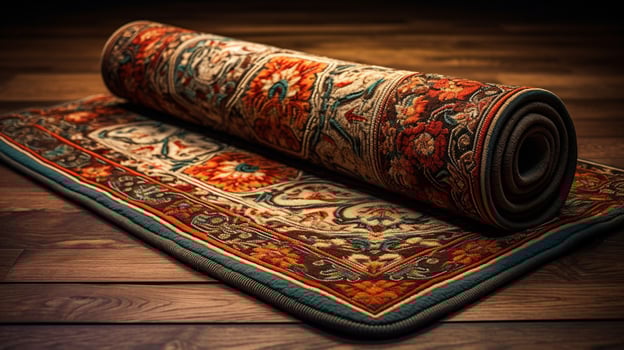 ancient rug rolled up ornate embroidery design photo