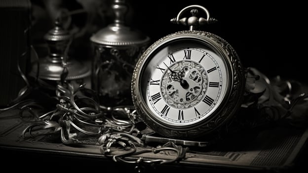 antique clock face black and white still life photo