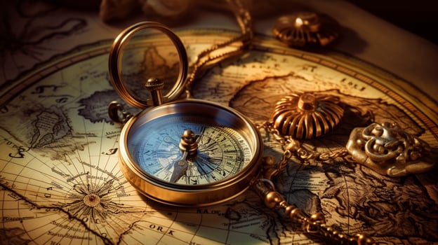 antique compass map and quill pen treasure photo