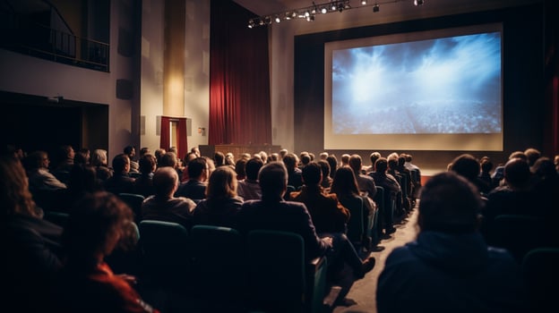 audience in auditorium watching presentation on stage photo