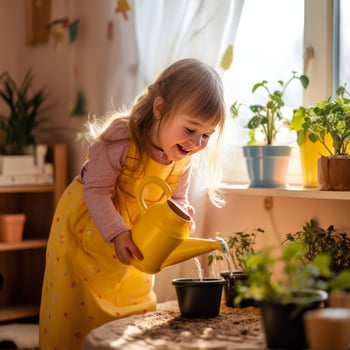 Young girl watering plants - AI generated photo