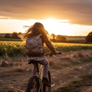 Curly-haired girl cycling at sunset - AI generated photo