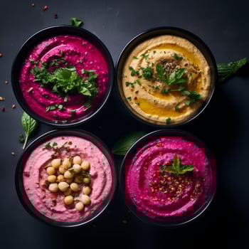 Stunning 9 mm lens captures three types of beautiful hummus cups - AI generated photo