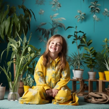 Young girl with Down syndrome in green-filled room - AI generated photo