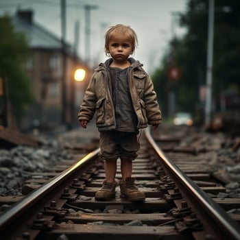Boy on railway tracks - AI generated photo