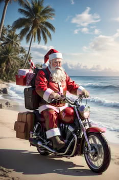 Christmas graphics Santa Claus on a motorcycle on a tropical beach photo