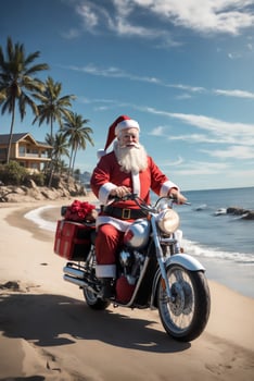 Christmas graphics Santa Claus on a motorcycle on a tropical beach photo
