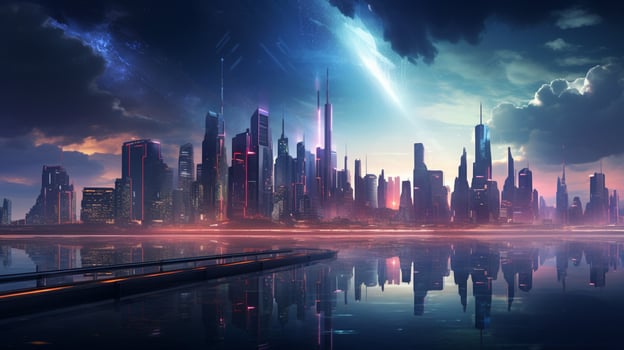 bright cityscape illuminated by futuristic lighting photo