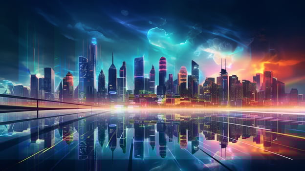 bright cityscape illuminated by futuristic lighting photo