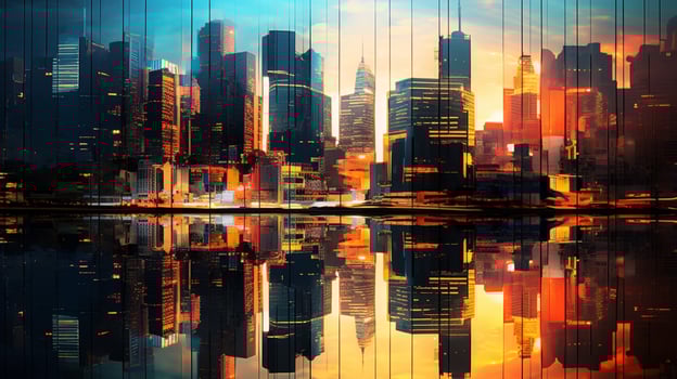 city skyscrapers reflect vibrant sunset light in glass photo