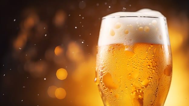 close up of frothy golden beer in glass photo